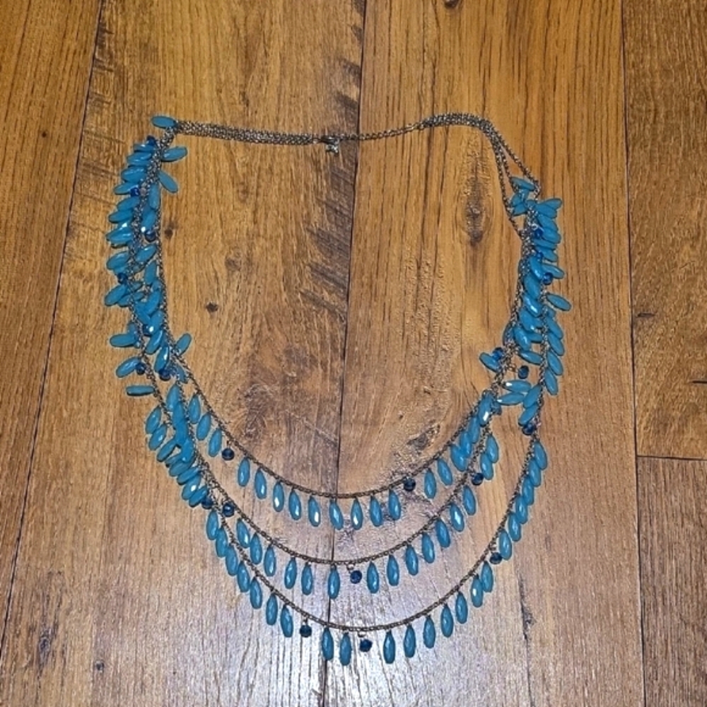 Blue Beaded Triple Chain Necklace